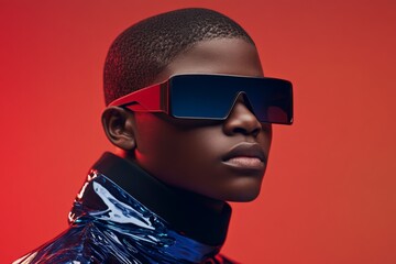 A bold fashion statement is made with oversized sunglasses and a metallic jacket, illuminated by vibrant red and blue lights, against a minimalist background