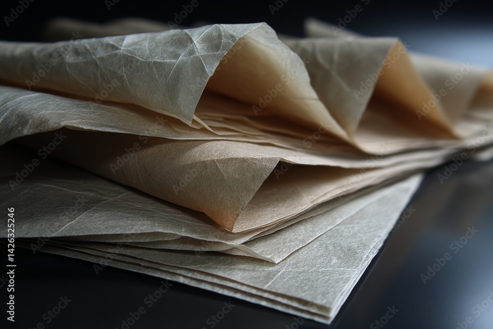 Poster Layers of textured paper resting on a dark surface with soft light enhancing the natural fibers