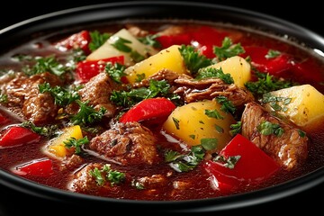 A Hearty Stew with Tender Meat, Vibrant Vegetables, and Fresh Herbs in a Rich Broth