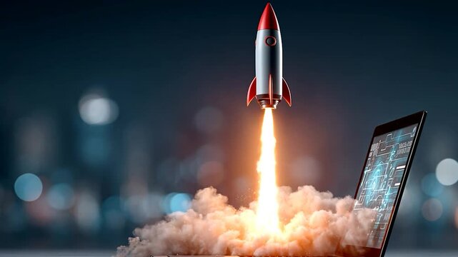 Rocket launches from laptop screen. Technology concept, digital future, start-up idea