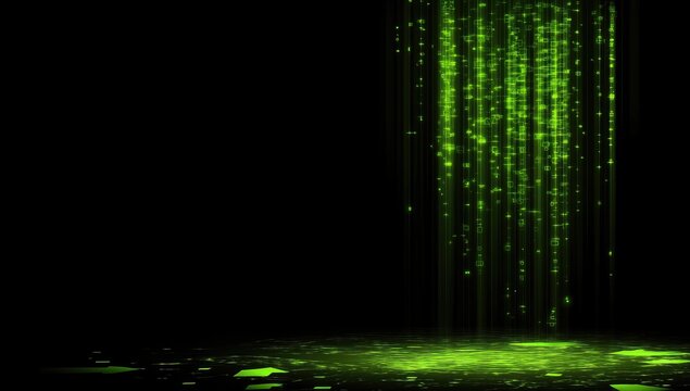 Glowing green digital rain falling onto dark surface