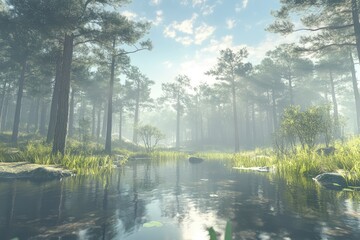 Serene forest pond reflecting sunlight, mist shrouding tall pines