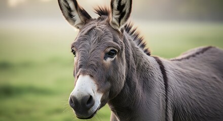 Fototapeta premium AI image provides an intimate close-up portrait of a grey donkey's face, focusing on its gentle eyes against a soft background