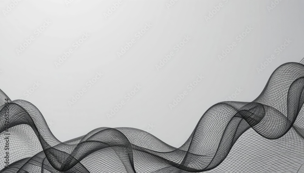 Poster dynamic flow of black mesh waves abstract design minimalistic space digital art environment top-down