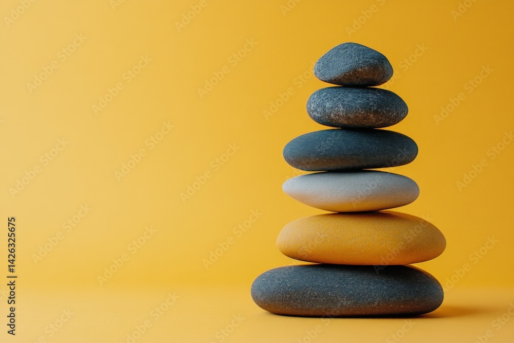 Aufkleber colorful stacked stones on a vibrant yellow background create a serene and calming composition in a 