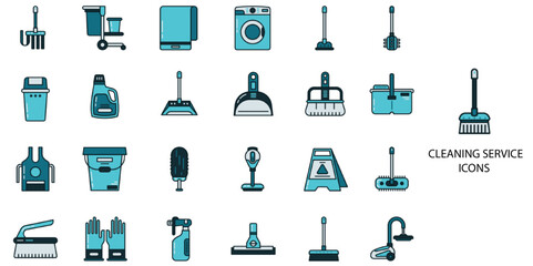 Cleaning simple concept 24 color icons set. Contains such cleaning, clean, vacuum cleaner, disinfection .Vector illustration.