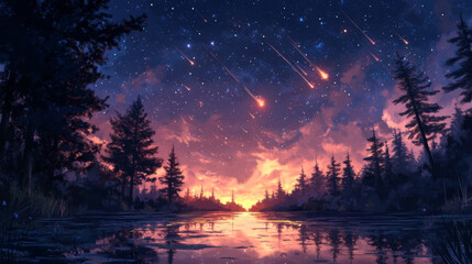 Lyrid Meteor Shower over Serene Forest Lake at Sunset