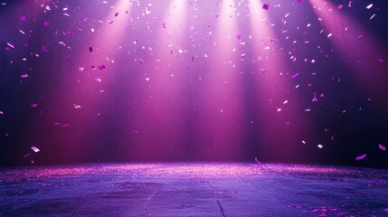 Purple stage with confetti falling under spotlights.