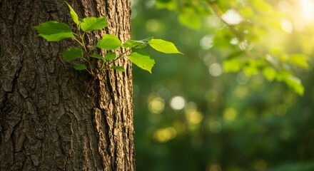 Obraz premium Sunlight Dappled Tree Trunk - Nature, growth, spring, sunlight, tranquility. A young sprout emerges from a tree trunk, bathed in soft sunlight, symbolizing new beginnings and the circle of life