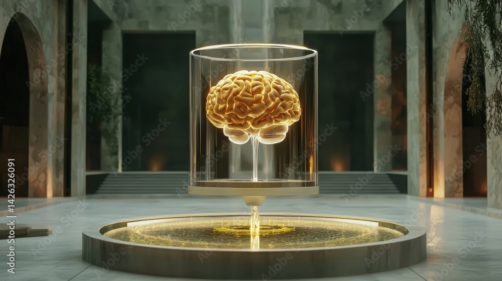 Poster artificial intelligence data brain with flowing lights and complex tech layers behind