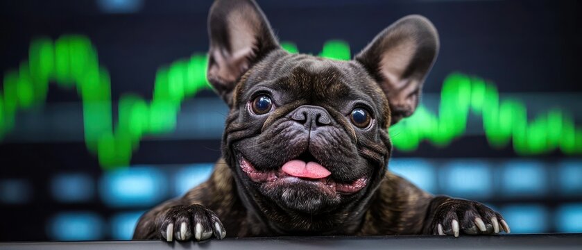 French bulldog in front of stock market screen