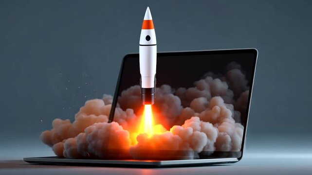Rocket launching from laptop screen, representing a startup