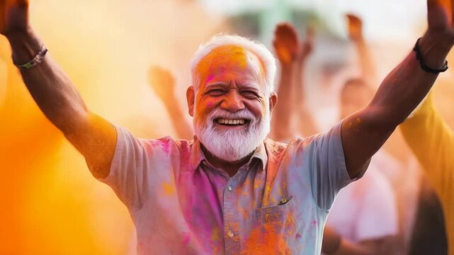 Happy senior man celebrating holi festival with raised arms