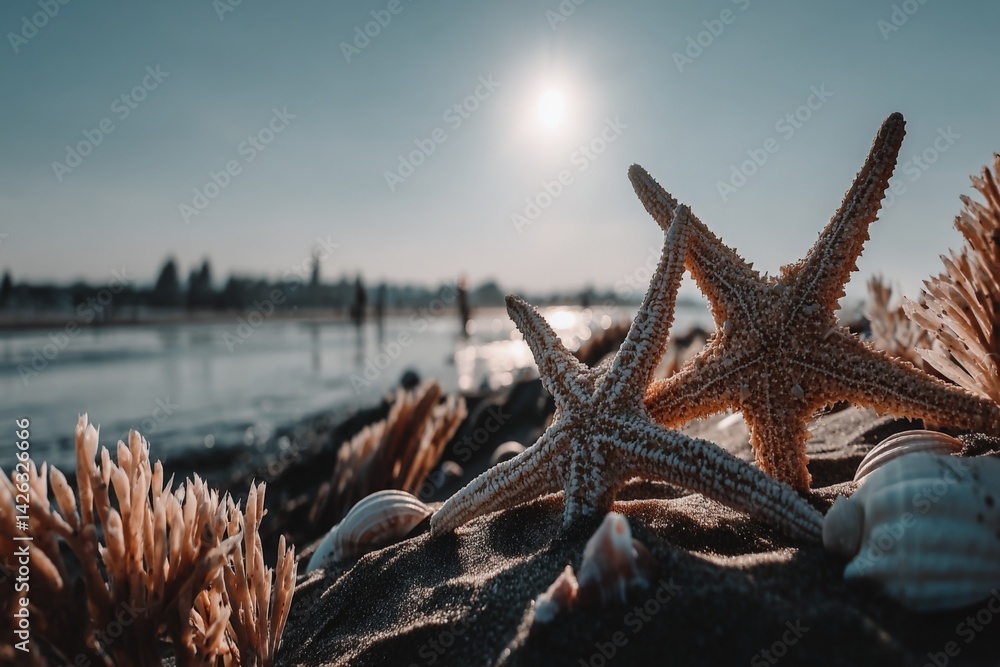 Poster starfish resting on the sandy beach at sunset with gentle waves in the background and distant figure