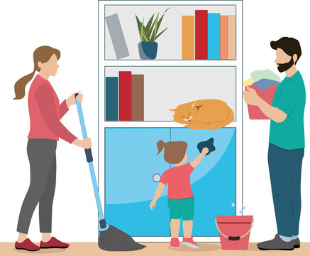 A family is cleaning their home