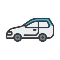 White Hatchback Car Icon with Blue Roof, Isolated on Black Background