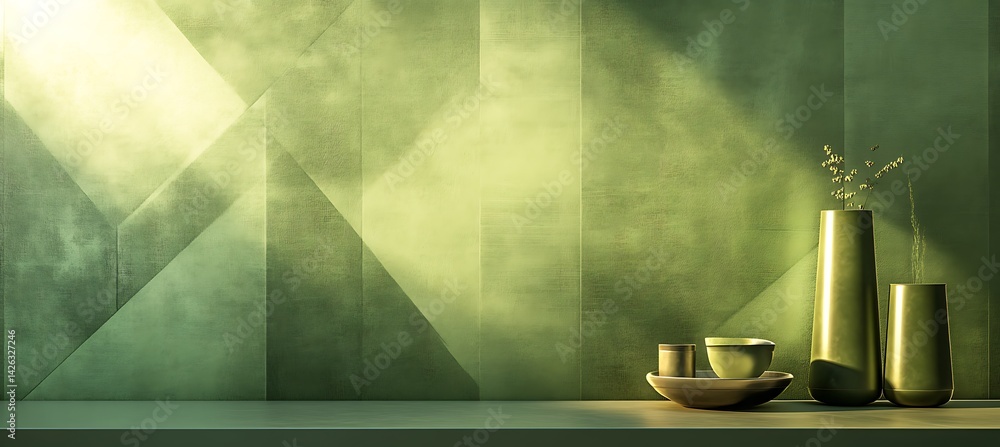 Poster geometric shapes and glowing accents on an abstract olive green background with a smooth gradient