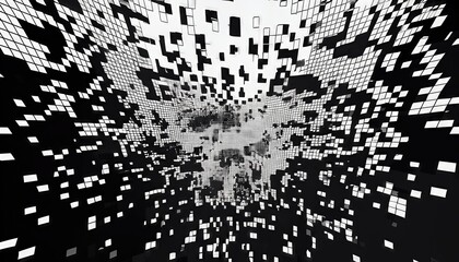 Monochrome Vector Abstract A Dynamic Dance of Random Squares in a Monochromatic Palette, Evoking an Ethereal and Mysterious Atmosphere.
