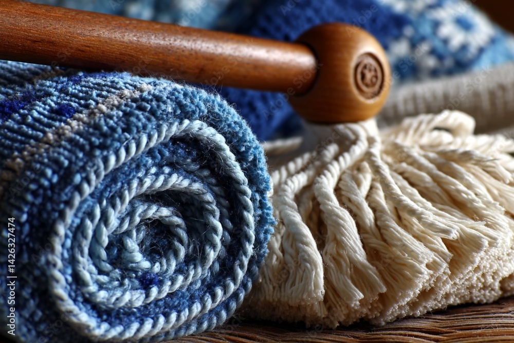 Poster close up of rolled blue textiles and a cleaning mop on a wooden surface in a home setting during the