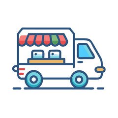 Stylized Food Truck Icon with Awning and Display on Black Background