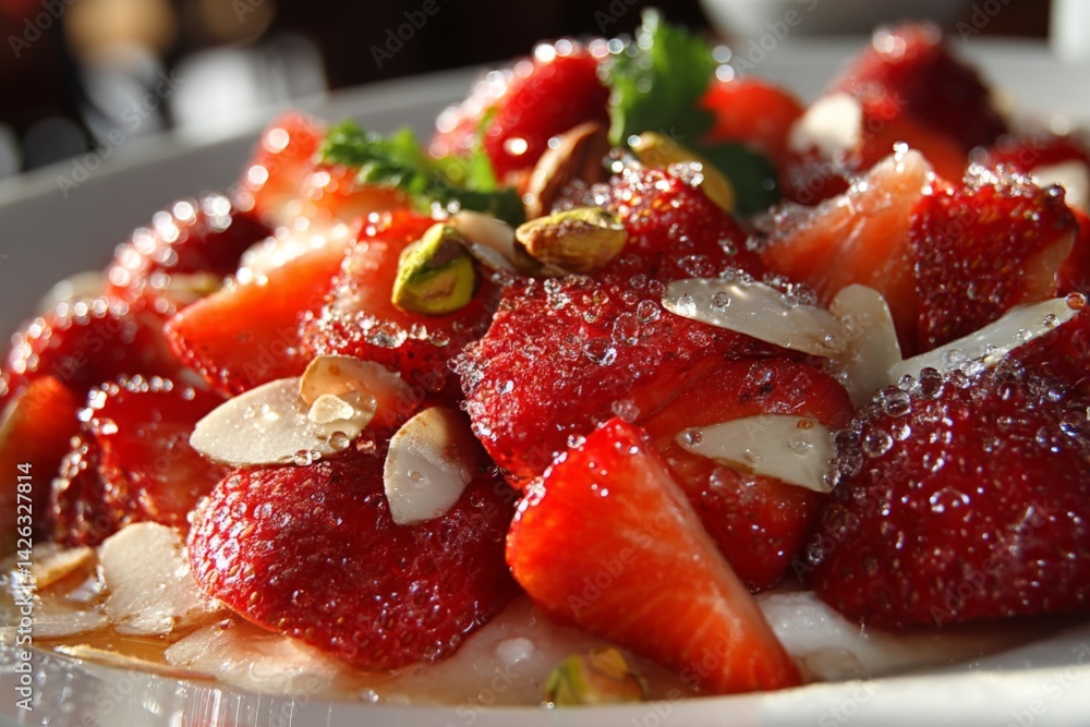 Poster fresh strawberries topped with nuts and syrup create a vibrant dessert at a summer gathering