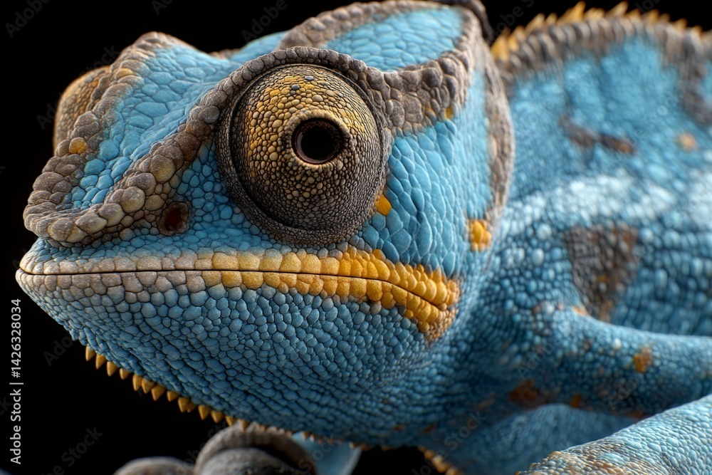 Poster colorful blue chameleon resting on a branch amidst a dark background, showcasing intricate texture a