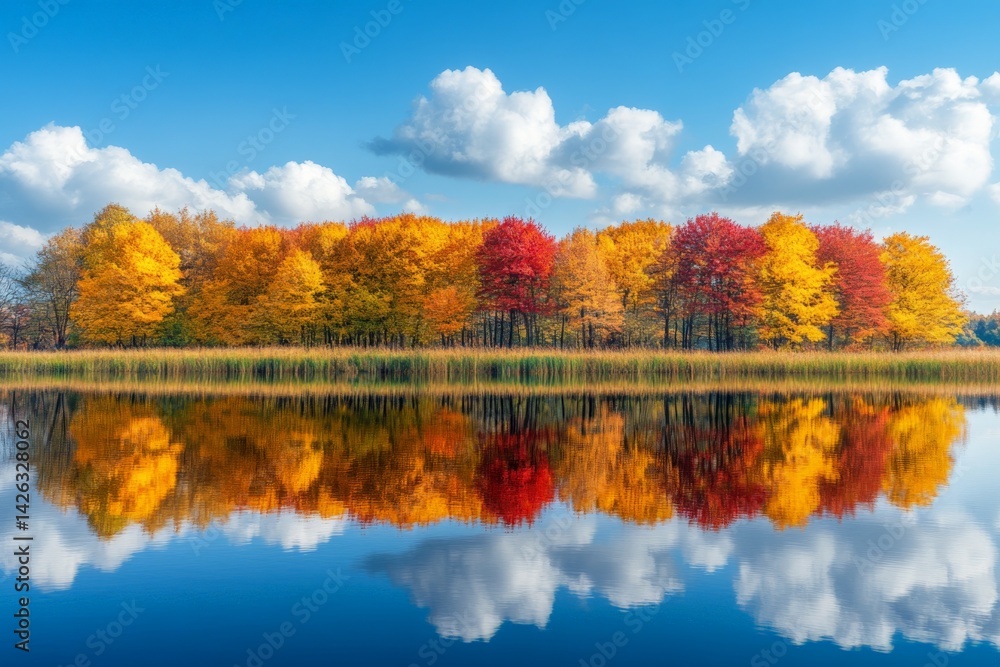 Poster autumn foliage reflects on a calm lake under a blue sky with fluffy clouds in a serene nature settin