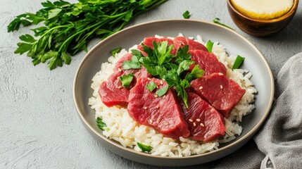Asian-style beef rice dish with fresh herbs on a textured gray background