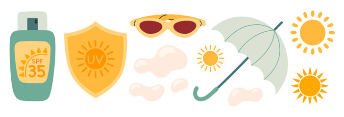 Set of sunscreen product, umbrella, spf cream, lotion, sunglasses. UV protection for skin. SPF protection concept. Sun safety shield. Hand drawn vector illustration isolated on white background