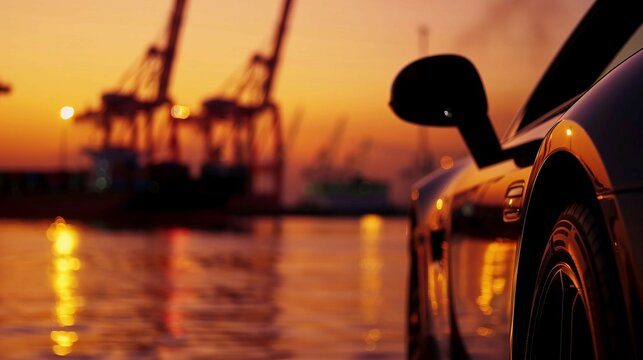 Close-up of cargo ship transporting brand new vehicles at sunset, with port cranes in distance. Automotive logistics, international shipping and global trade concepts.