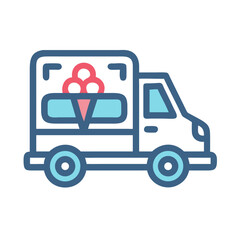 Icon of an ice cream truck in blue and pink with a black background