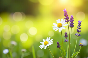 Floral background: sunny meadow with lavender and chamomile, medicinal herbs. Free space on the left.