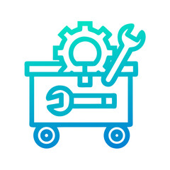 Blue Tool Cart with Gear, Wrenches, and Wheels on Black Background