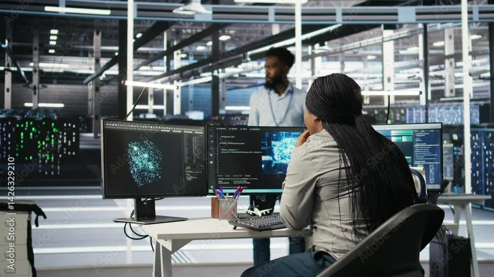 Poster data center staff member in office using ai deep learning algorithms to analyze datasets. african am