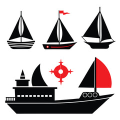 Collection of Black and Red Sailboat and Ship Icons