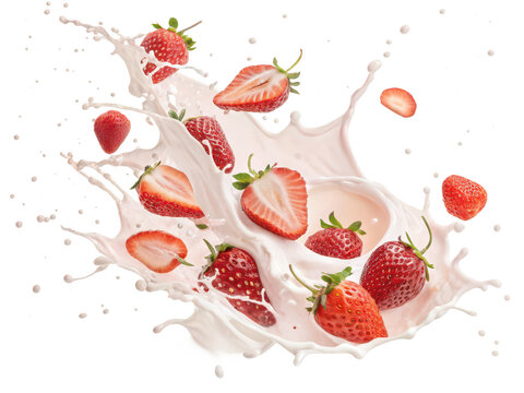 Fruit milk splash png strawberry drink design png dynamic beverage art png white background image