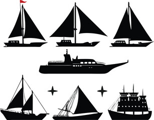 Collection of Black Silhouettes of Various Sailboats and Ships