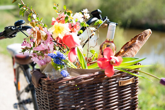 Bicycle tour with picnic basket filled with baguette, wine, and colorful spring flowers in a sunny bank landscape. Background for vacation and leisure.