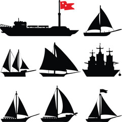 Collection of Black Silhouettes of Various Ships and Boats