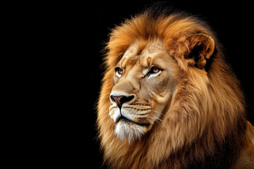 Fototapeta premium Majestic Lion Close-Up Portrait on Black Background – Symbol of Power and Nobility