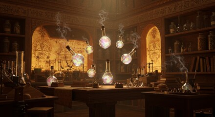 The Alchemist's Glowing Chamber - A mystical alchemist's workshop filled with glowing potions, levitating vials, ancient books, and swirling smoke, symbolizing magic, alchemy, discovery