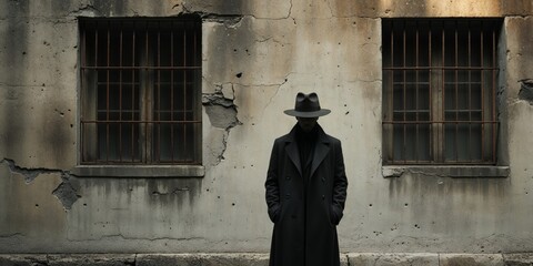 Mysterious shadow figure in a fedora stands near a barred window.