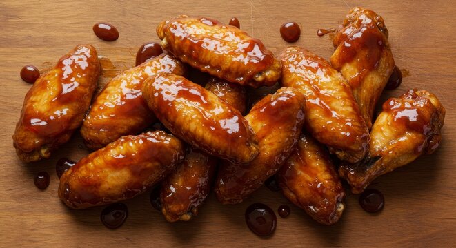 Top Down Shot of Crispy Honey Glazed Chicken Wings - Delicious, crispy chicken wings, glazed with honey barbecue sauce, perfect for game day, appetizers, or a satisfying meal. Sweet, savory