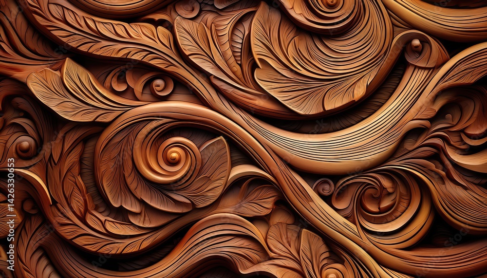Poster intricate oak and walnut wood carving pattern a majestic fusion of warmth and elegance in a rustic a