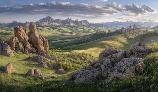 Scenic vista of rolling hills, grassland, and unique rock formations bathed in the golden light of sunset or sunrise