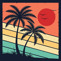 A tropical beach sunset silhouettes a lone figure near palm trees under a vibrant summer sky