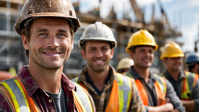 Smiling construction workers with hard hats and safety vests