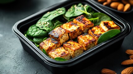 Fototapeta premium Beautifully presented meal prep box with portion-controlled superfoods, almonds, spinach, and grilled tofu, balanced nutrition and wellness concept. 