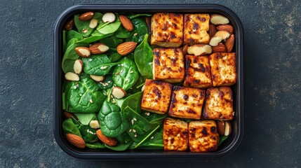 Beautifully presented meal prep box with portion-controlled superfoods, almonds, spinach, and grilled tofu, balanced nutrition and wellness concept. 