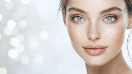 Fresh radiant face after skincare cleansing with clear complexion and healthy appearance on neutral background with copy space